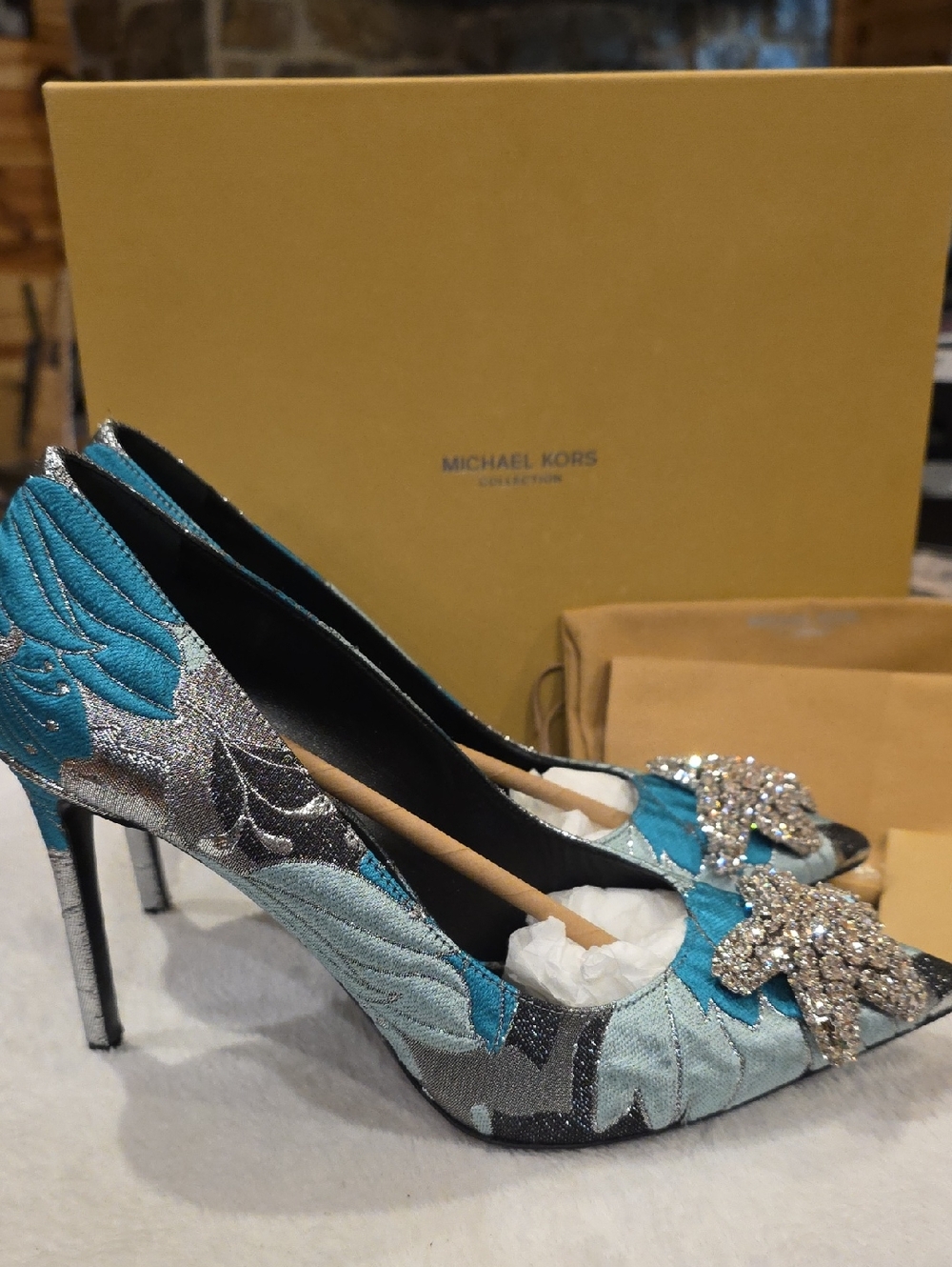 Michael Kors Teal and Silver Crystal-Embellished Pointed Pumps - Picture 11 of 14